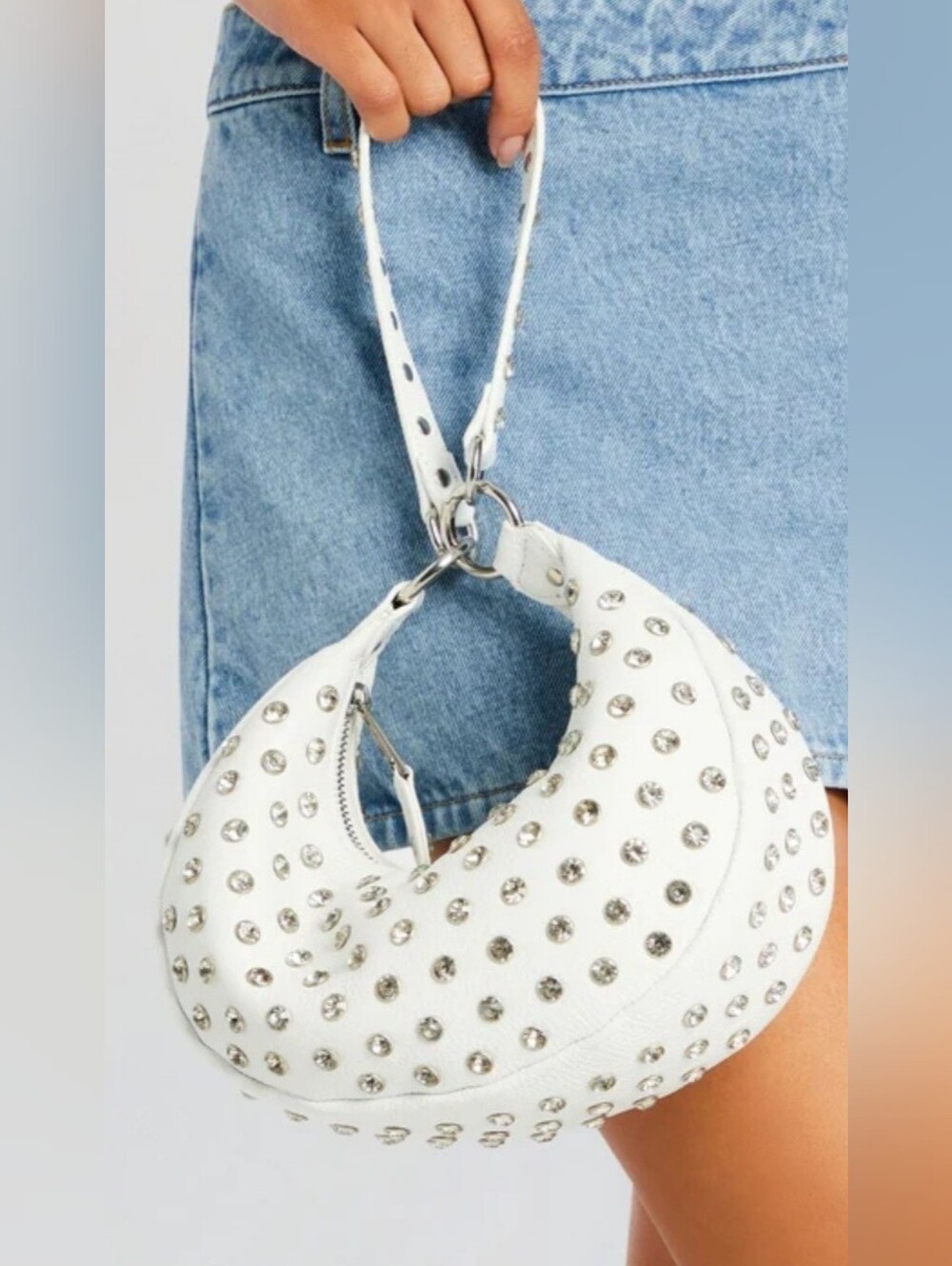 Retrofete White Crystal-Stud Crescent Shoulder Bag